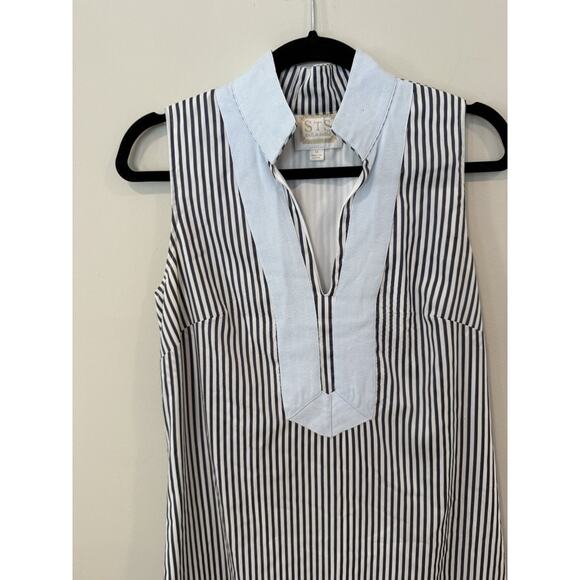 STS Woven Band Collar Split V-Neck Sleeveless Contrast Trim Tunic Shift Dress M - Picture 4 of 13